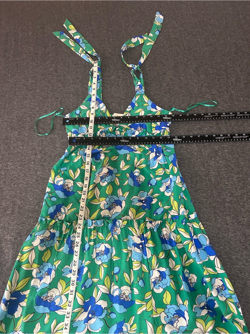 Monteau Los Angeles Floral Tiered Maxi Dress Green Blue Tie Strap Casual Size M - Picture 10 of 11